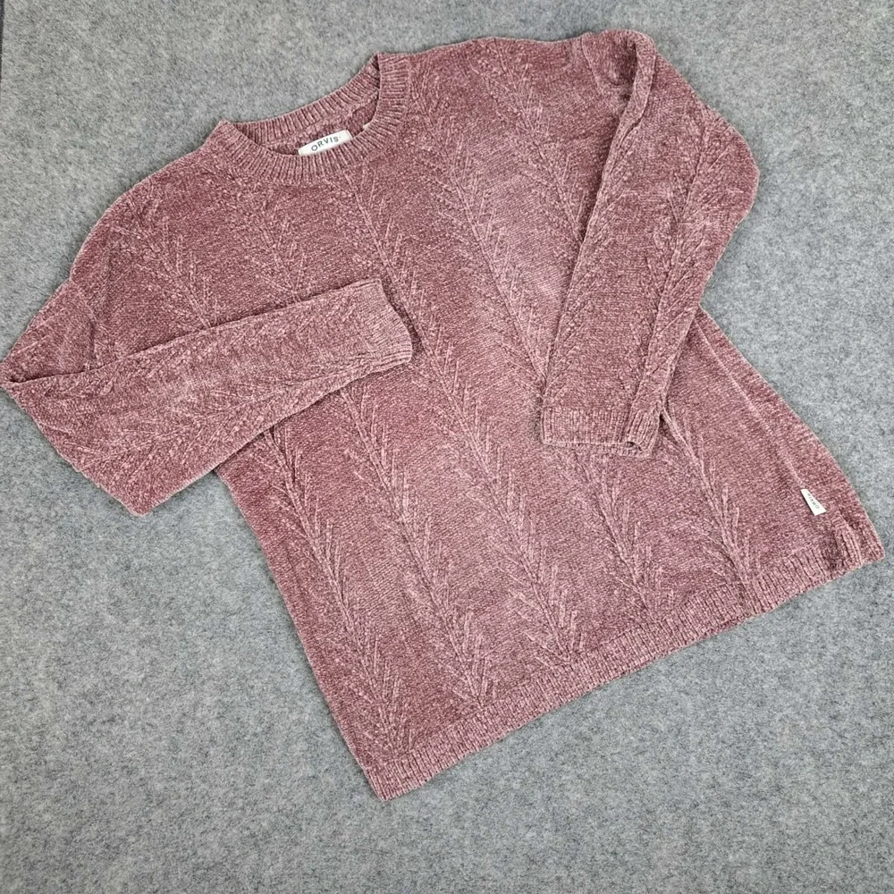 Orvis Chenille Cable Knit Sweater‎ Womens Size Large Mauve Pink Velour Crewneck
